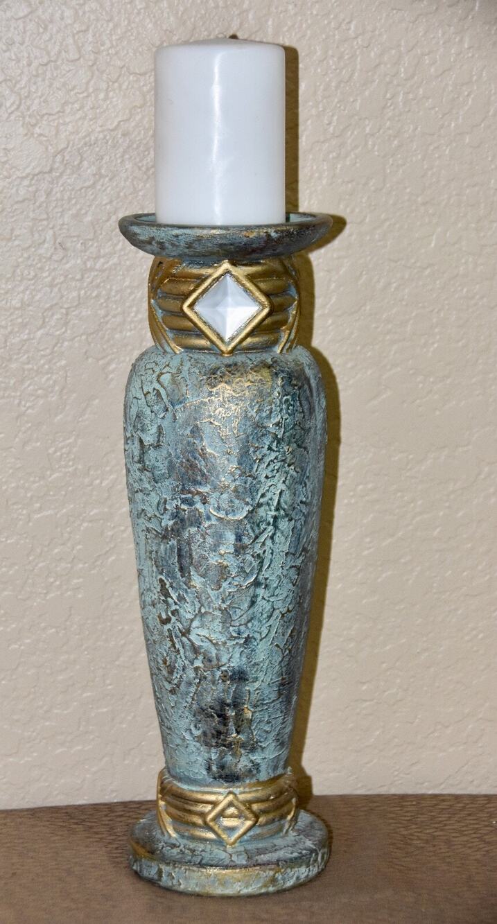 Jaru Art Deco Green and Gold Cast Stone Ceramic Pillar Candle Holder